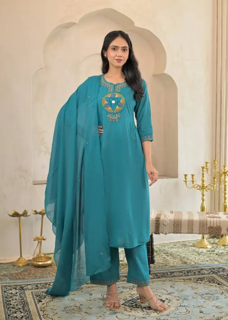 Aaradhya Teal Blue Cotton 3-Piece Suit with Embroidery Work