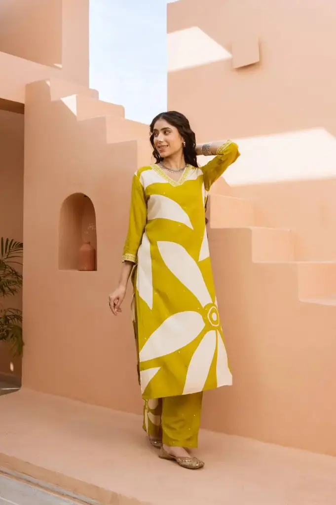 Aarvi Mustard Yellow German Rayon 2-Piece Set with Hand Work Yoke