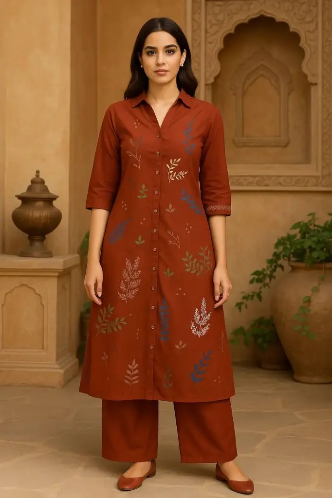 Rust Brown Cotton Co-ord Set with Leaf Embroidery