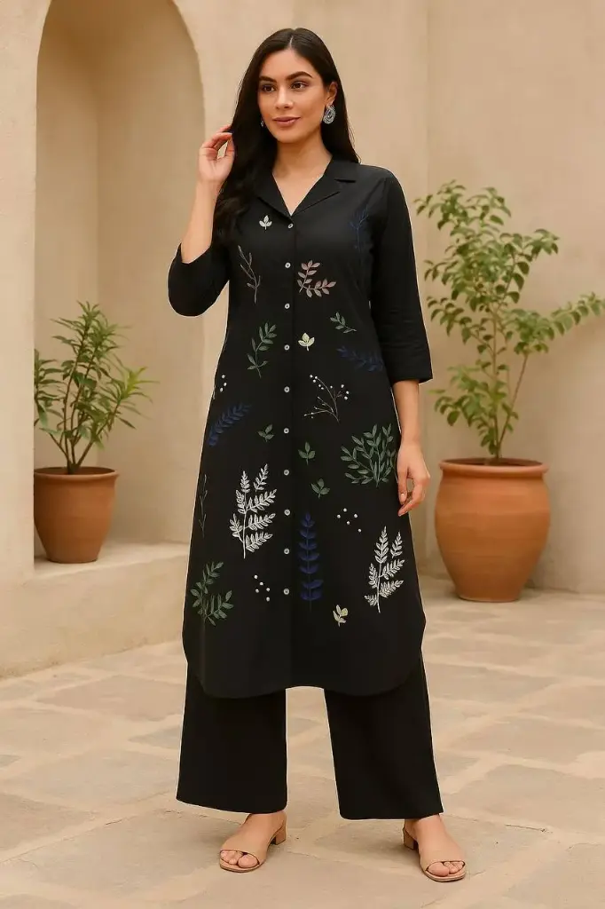 Charcoal black Cotton Co-ord Set with Leaf Embroidery