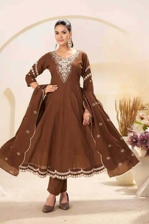 Nishka Brown Silky Cotton Anarkali Style Suit with Embroidery Work