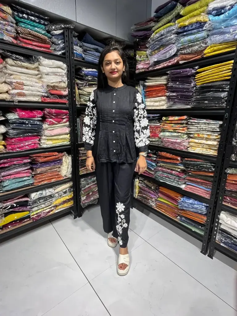 Black Reyon Cotton Co-Ord Set with White Embroidery