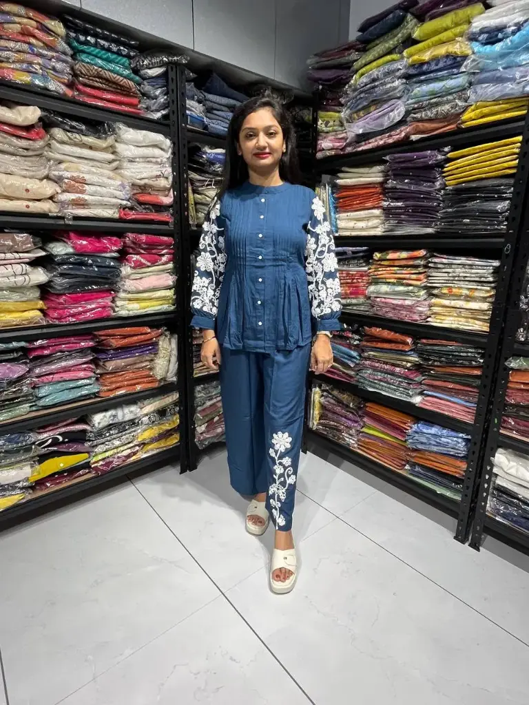 Rama green Reyon Cotton Co-Ord Set with White Embroidery