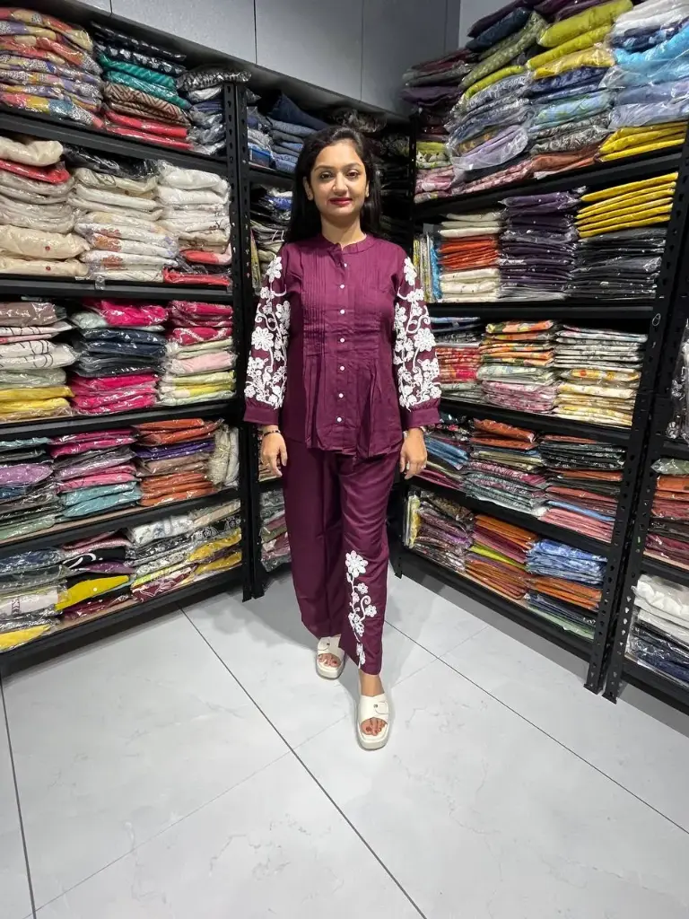 Wine Reyon Cotton Co-Ord Set with White Embroidery