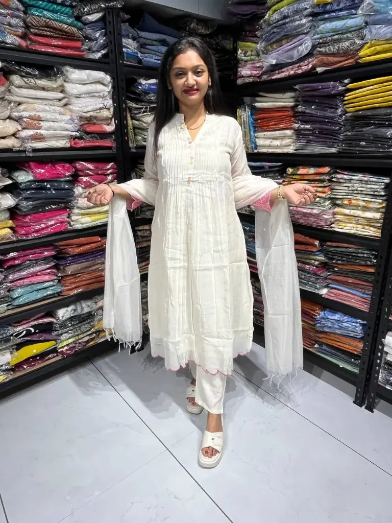 Pure White Mull Chanderi Kurta Pant Set with dupatta and Appliqué Detailing