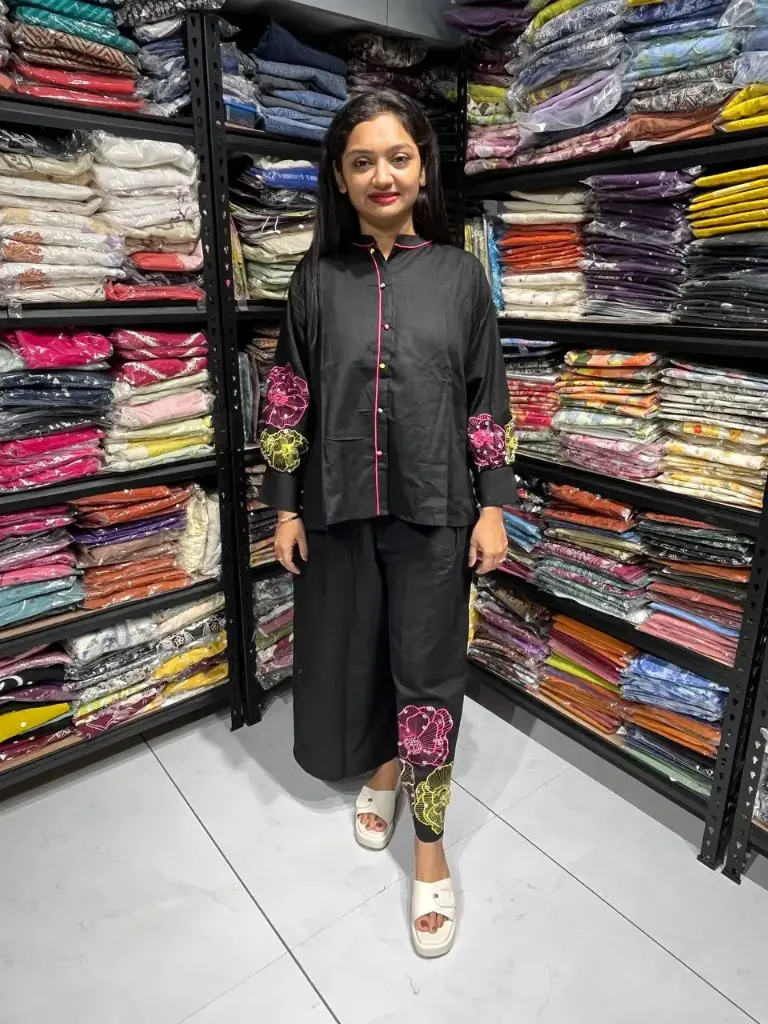 Black linen Flex Cotton Cord Set with Hand Work