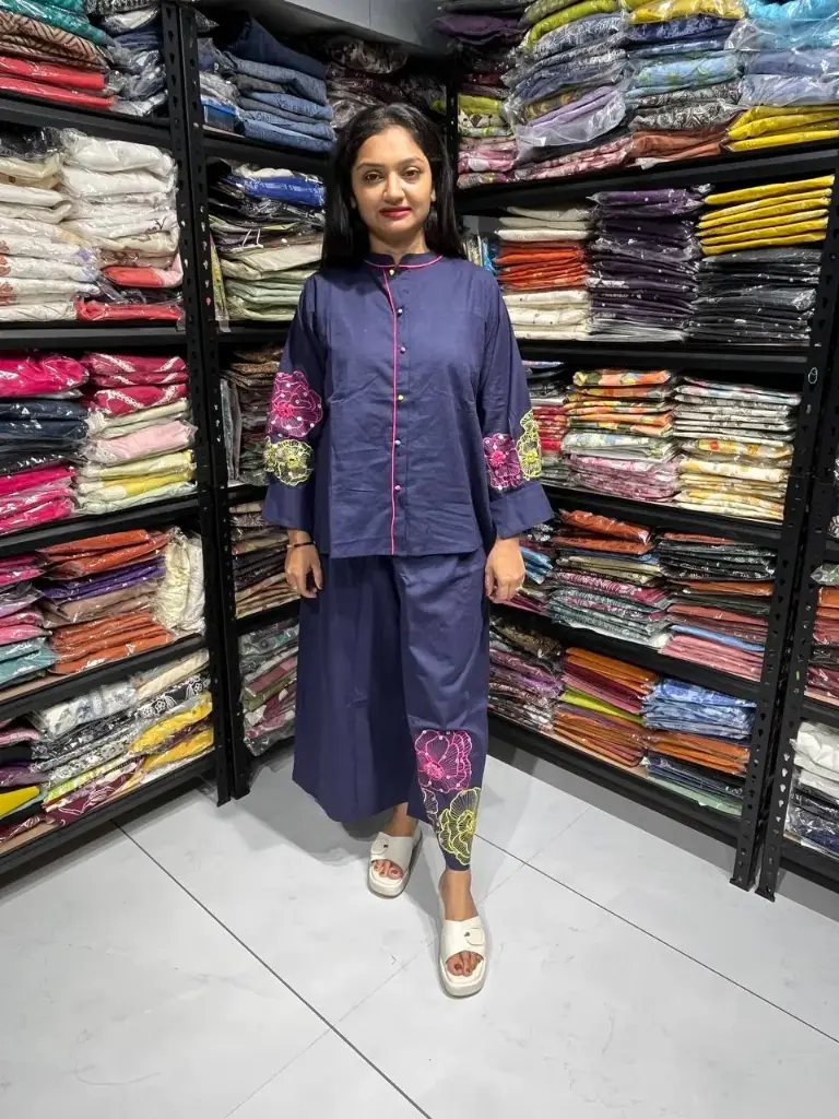 Blue Linen Flex Cotton Cord Set with Hand Work