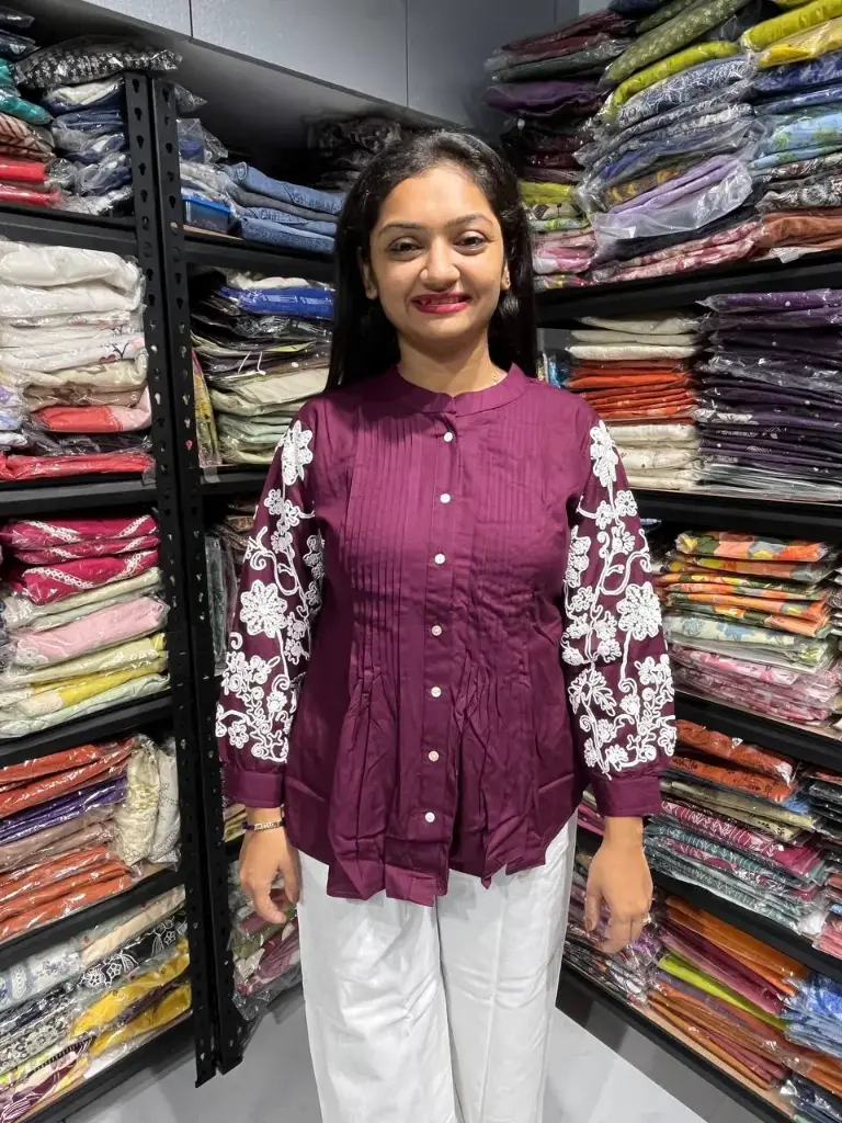 Wine casual puff sleeves solid women top