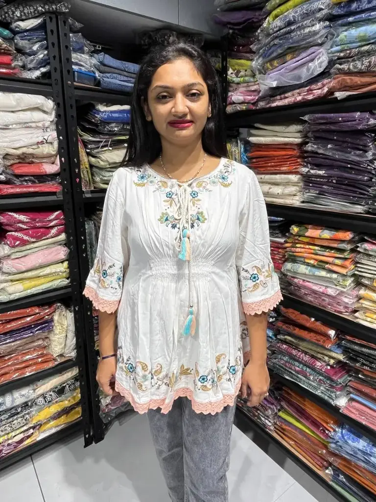 White Premium Cotton Embroidered Top for Women with Lace Detailing