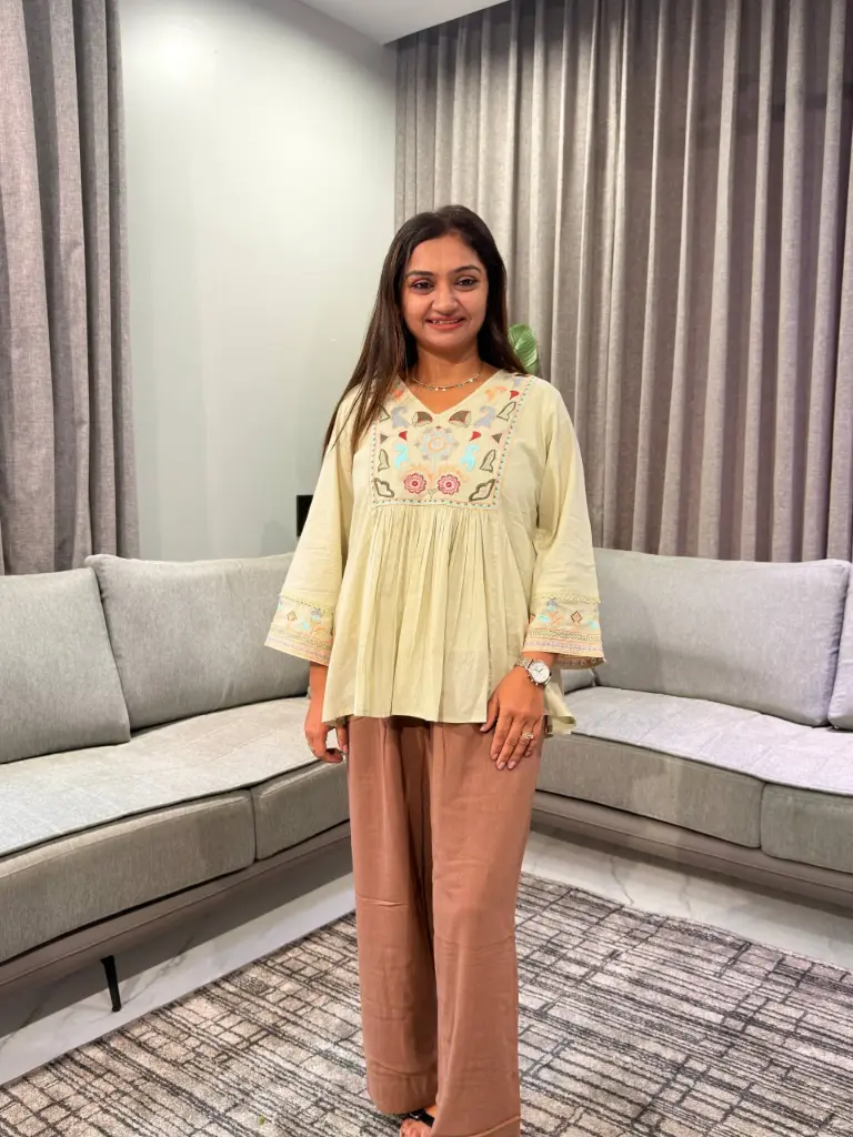 Light Yellow Premium Cotton Embroidered Top for Women | Casual & Ethnic Wear