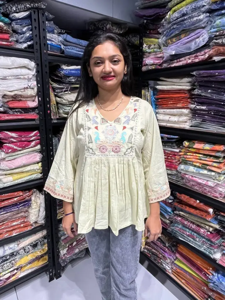 Light Yellow Premium Cotton Embroidered Top for Women | Casual & Ethnic Wear