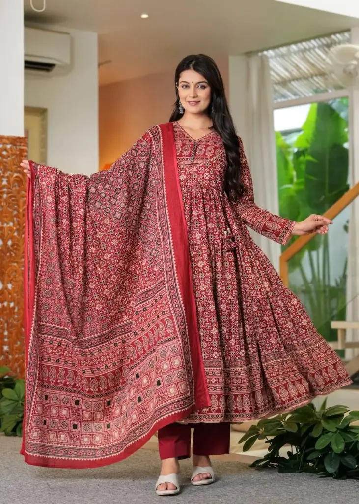 Red Ajrakh Print Premium Cotton Kurta Set with Hand Work, Pant & Dupatta