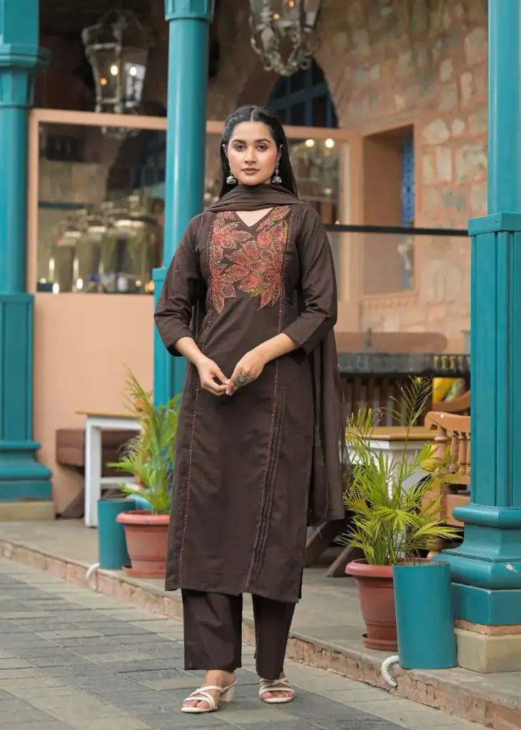 Coco brown Premium Cotton Embroidered Kurta Set with Katha Hand Work