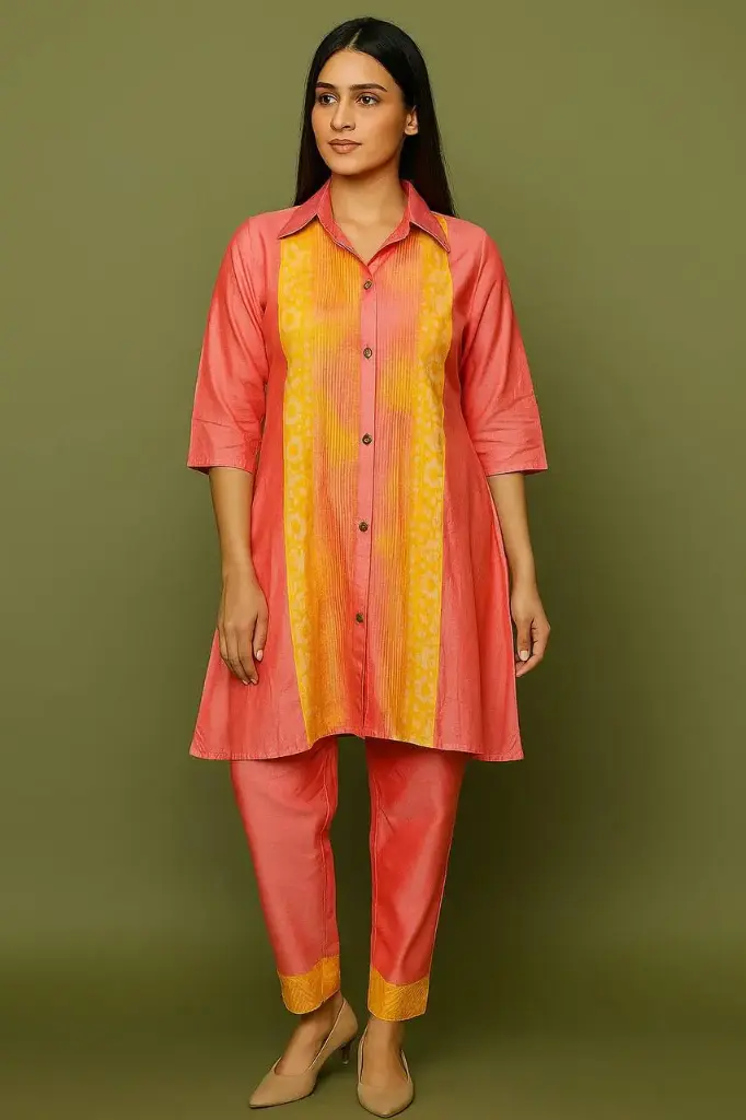 Peach & Yellow Chanderi Co-ord Set for Women | Embroidery & Real Mirror Work 