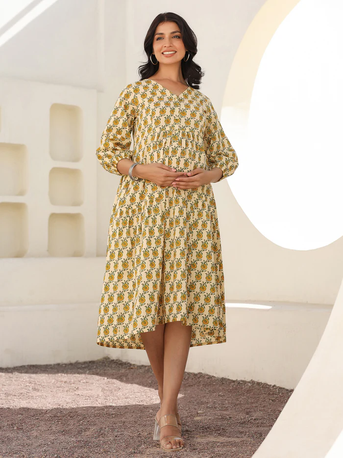Cream Pure Cotton Yellow Floral Printed A-line Maternity Dress