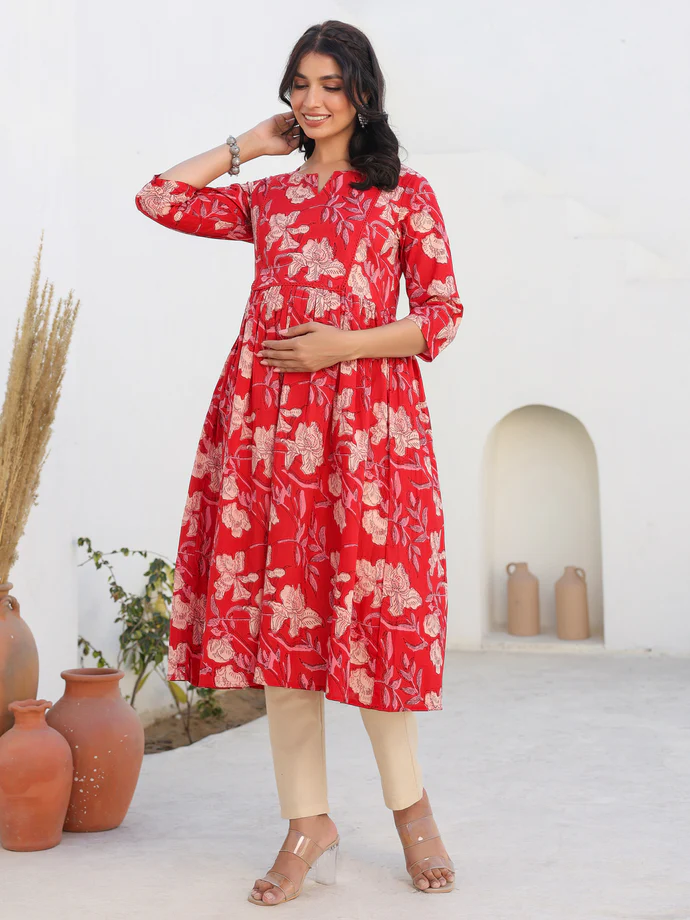 Red Pure Cotton Floral Printed A-line Maternity Kurta