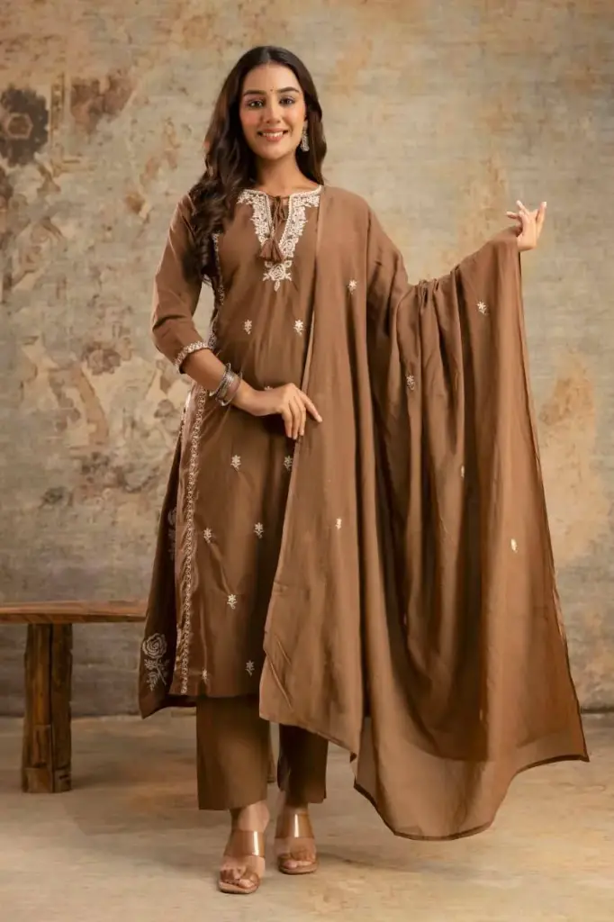 Brown Cotton Embroidered 3-Piece Set | Kurta, Pant & Dupatta with Tassel Detailing