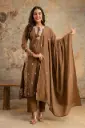 Brown Cotton Embroidered 3-Piece Set | Kurta, Pant & Dupatta with Tassel Detailing
