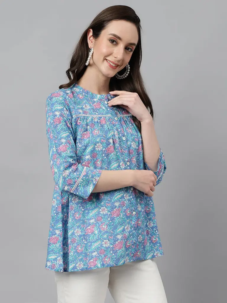Blue Cotton Botanical Print Empire Top