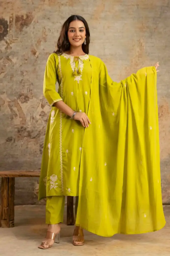 Parrot green Cotton Embroidered 3-Piece Set | Kurta, Pant & Dupatta with Tassel Detailing