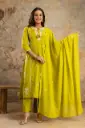 Parrot green Cotton Embroidered 3-Piece Set | Kurta, Pant & Dupatta with Tassel Detailing