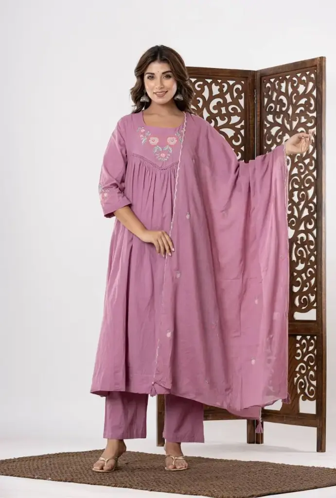 Dusty Pink Cotton Embroidered 3-Piece Kurta Set with Dupatta
