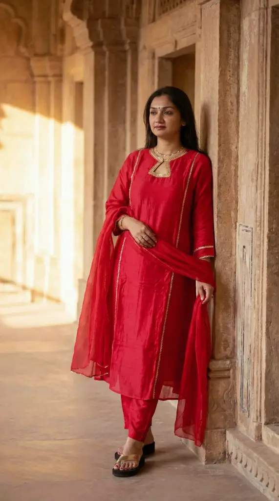 Red Mull Chanderi Handwork 3-Piece Kurta Set with Dupatta
