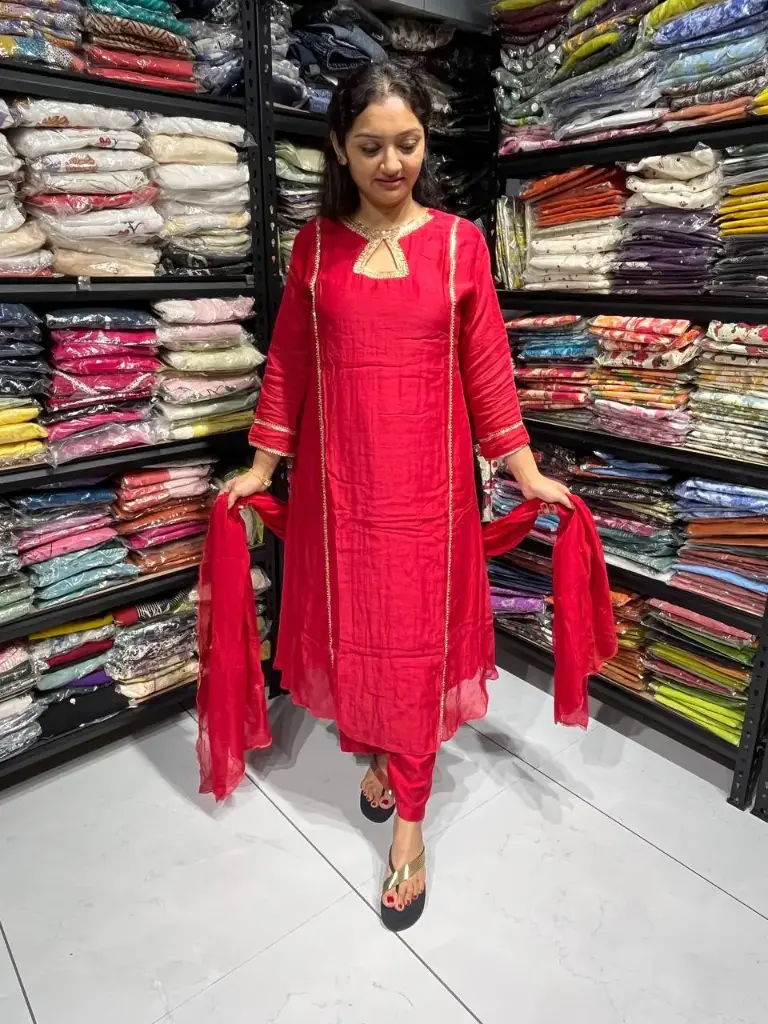 Red Mull Chanderi Handwork 3-Piece Kurta Set with Dupatta