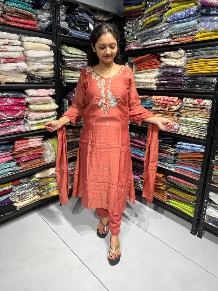 Rust Orange Mull Chanderi Handwork 3-Piece Suit Set with Dupatta