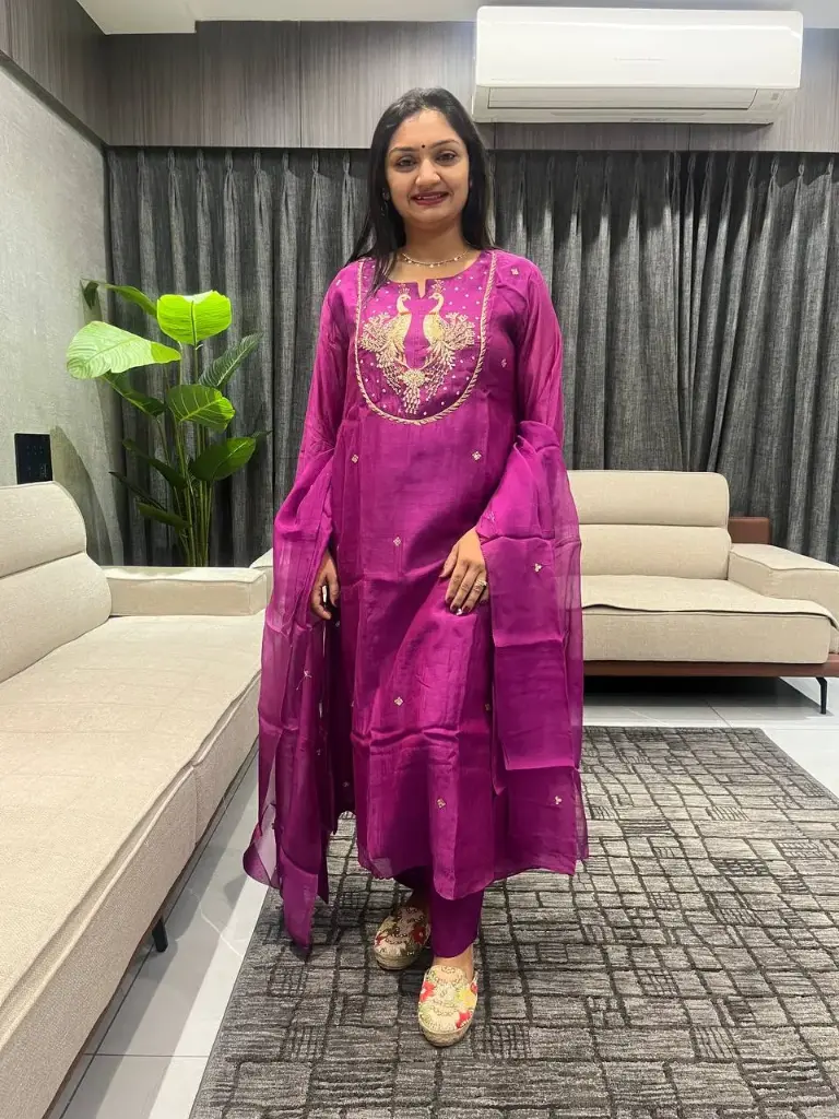 Magenta Mull Chanderi Handwork 3-Piece Suit Set with Dupatta