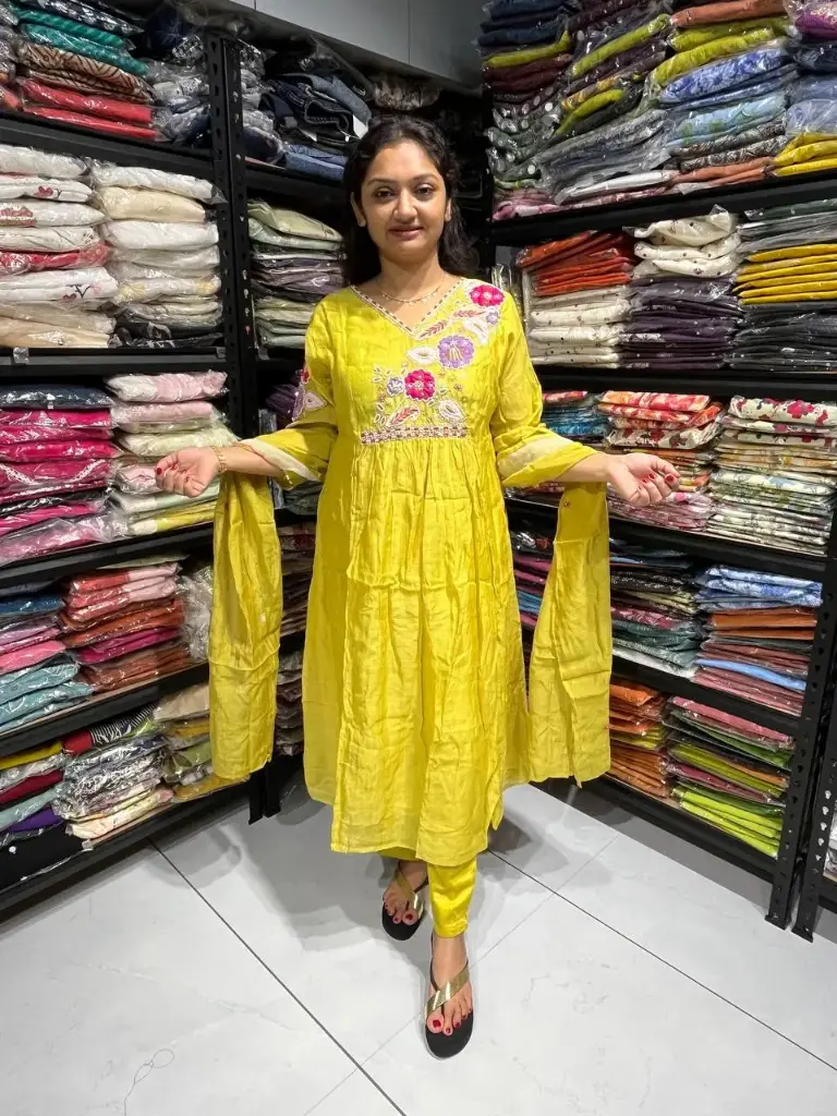 Yellow Mull Chanderi Handwork Embroidered 3-Piece Suit Set with Dupatta