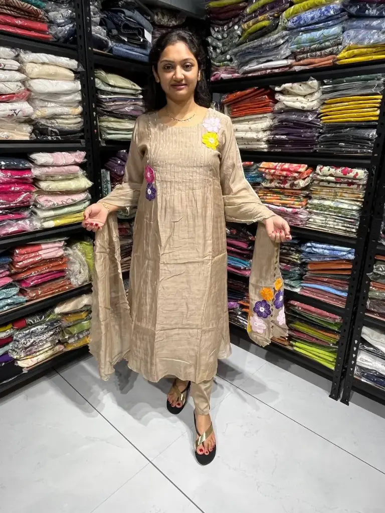 Beige Mull Chanderi Appliqué Handwork 3-Piece Suit Set with Dupatta