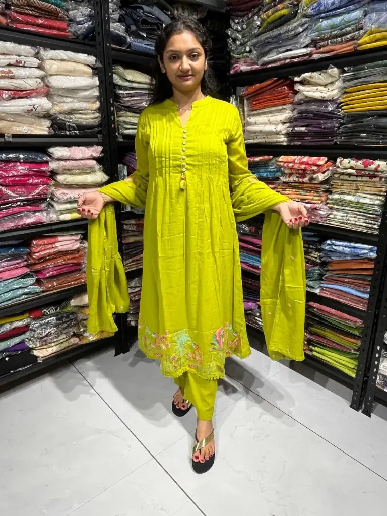 Lime Green Mull Cotton 3-Piece Suit Set with Tassel Detailing & Embroidery Work