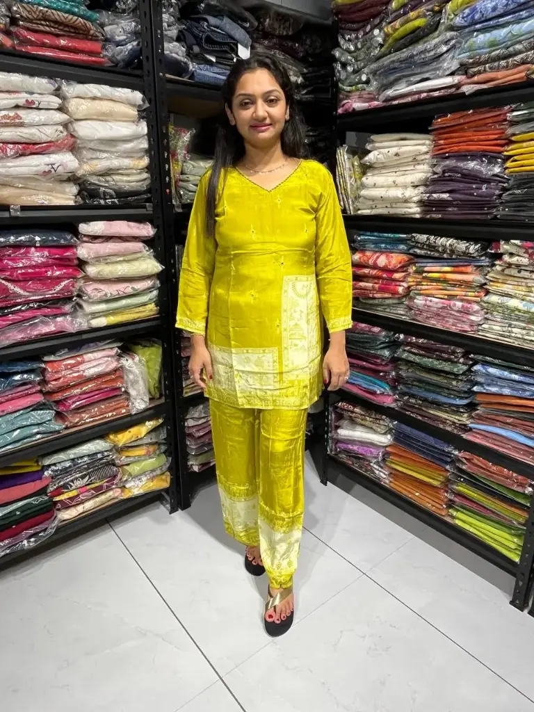 Lime Yellow Gaji Silk Co-ord Set with Real Mirror & Katha Work