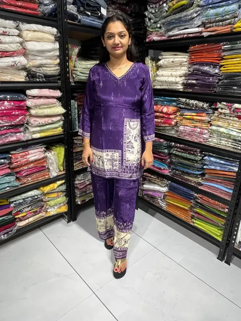 Royal Purple Gaji Silk Co-ord Set with Mirror & Katha Work