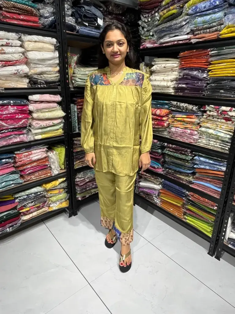 Olive Green Gaji Silk Appliqué Printed Co-ord Set with Katha Work