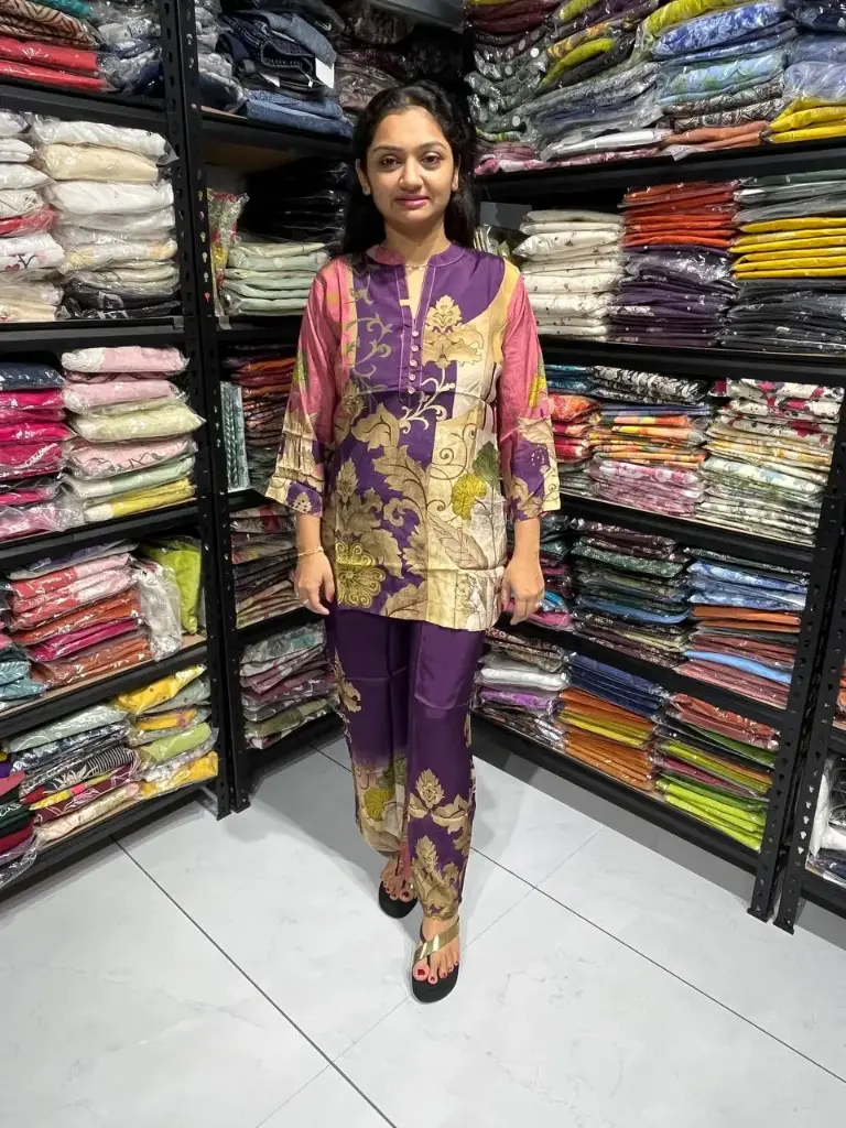 Purple & Multicolor Gaji Silk Printed Co-ord Set for Women