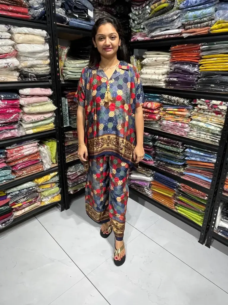 Navy Blue & Red Geometric Printed Gaji Silk Co-ord Set for Women