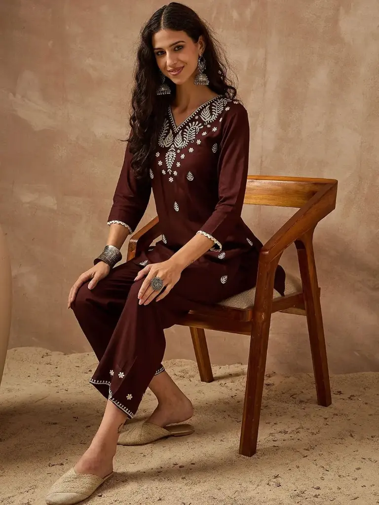 Elegant Brown Embroidered Rayon Cotton Co-ord Set