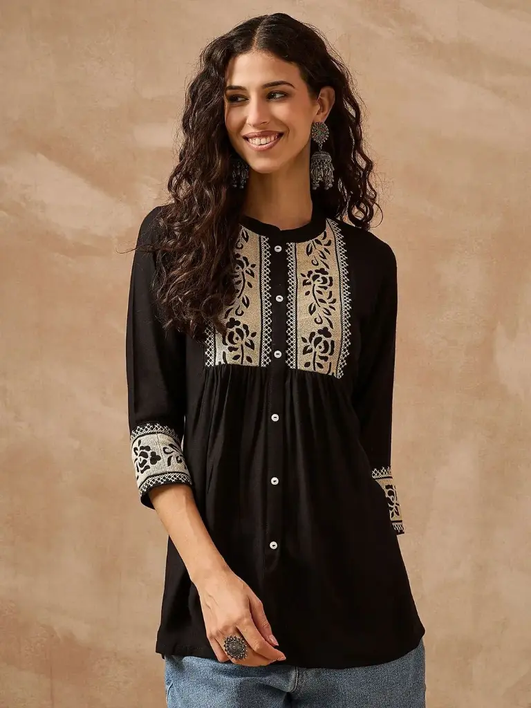 Black Embroidered Rayon Cotton Tunic Top for Women