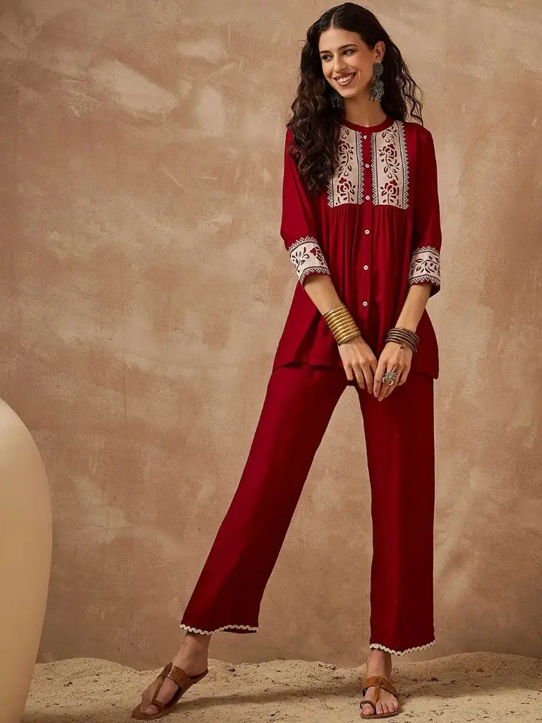 Maroon Embroidered Rayon Cotton Co-ord Set for Women – Top & Bottom