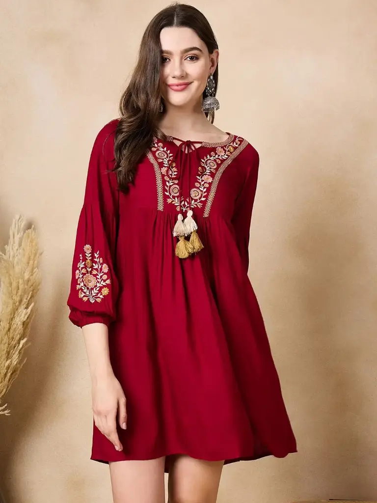 Maroon Embroidered Rayon Cotton Long Tunic with Tassel Detailing