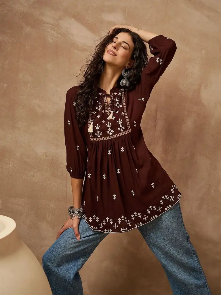Brown Embroidered Rayon Cotton Long Tunic with Tassel Detailing
