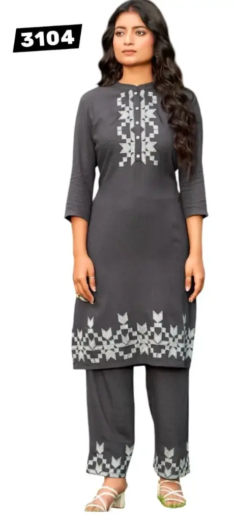 Charcoal Grey Embroidered Rayon Cotton Co-ord Set – Kurta with Pants
