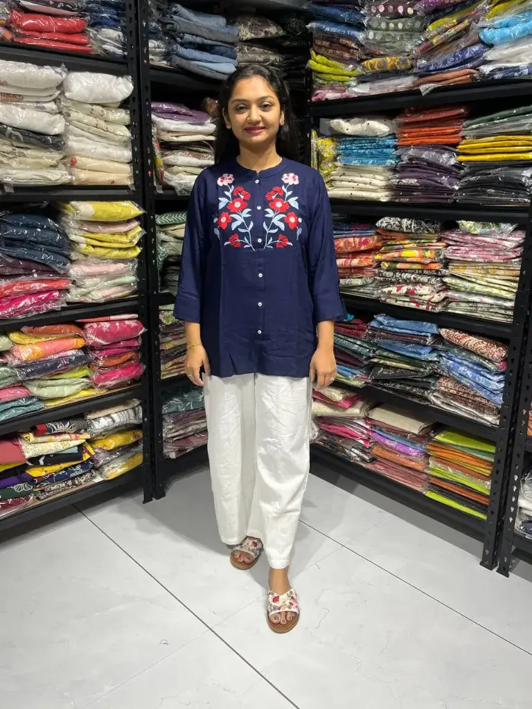 Navy Blue Embroidered Rayon Cotton Tunic Top for Women