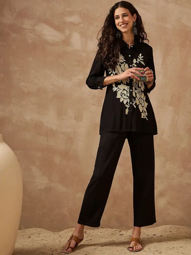 Black Floral Embroidered Rayon Cotton Coord Set for Women