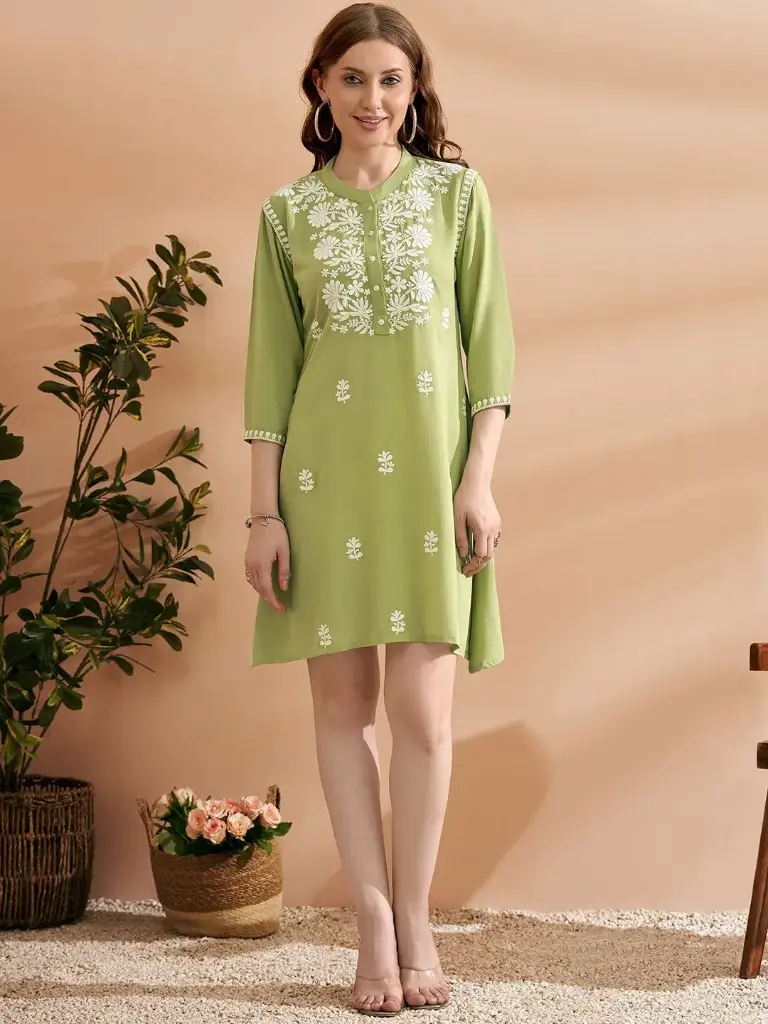 Lime Green Embroidered Rayon Cotton Tunic Top