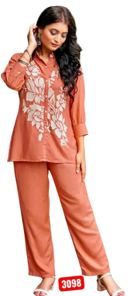 Rust Orange Embroidered Rayon Cotton Co-ord Set