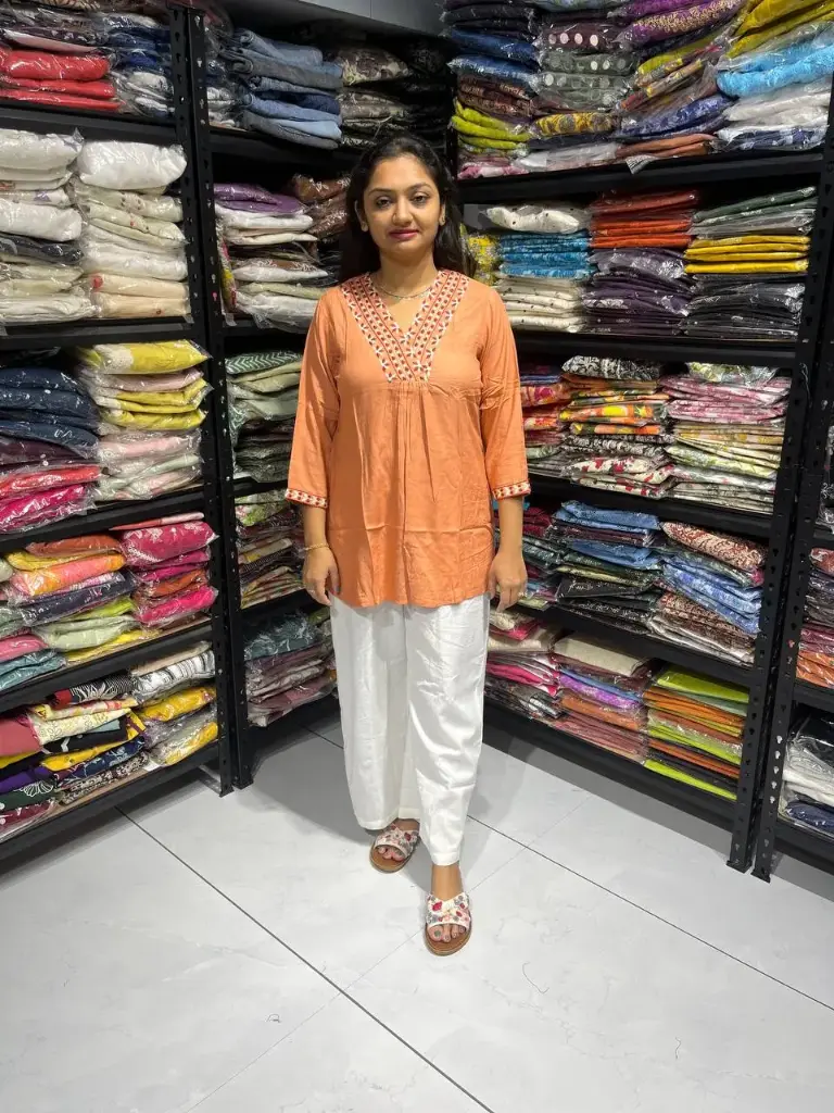 Geometric Neck Embroidery Rayon Cotton Top