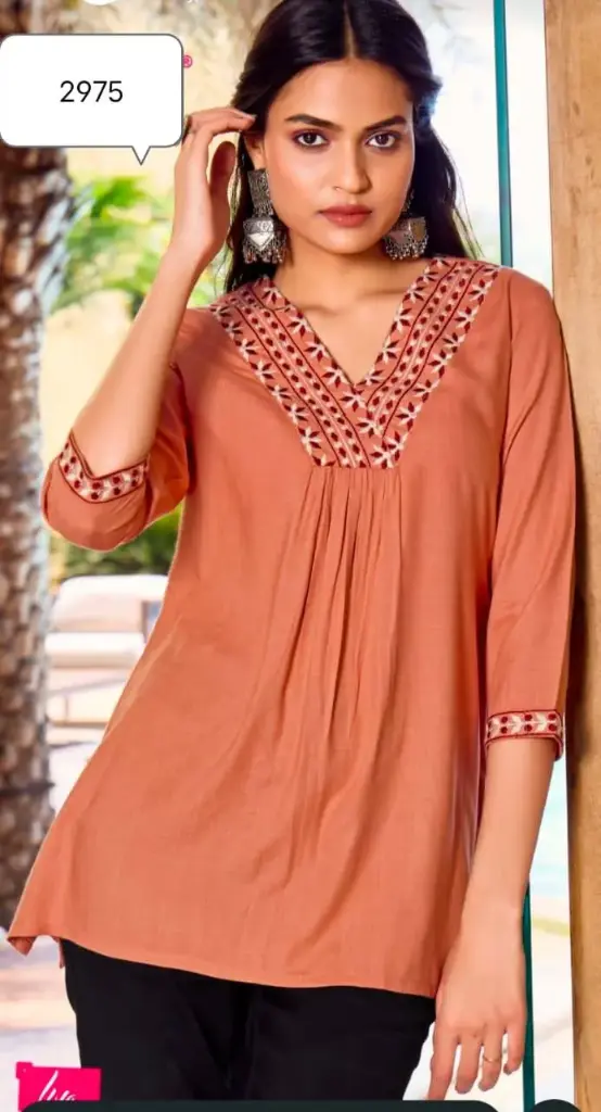 Geometric Neck Embroidery Rayon Cotton Top